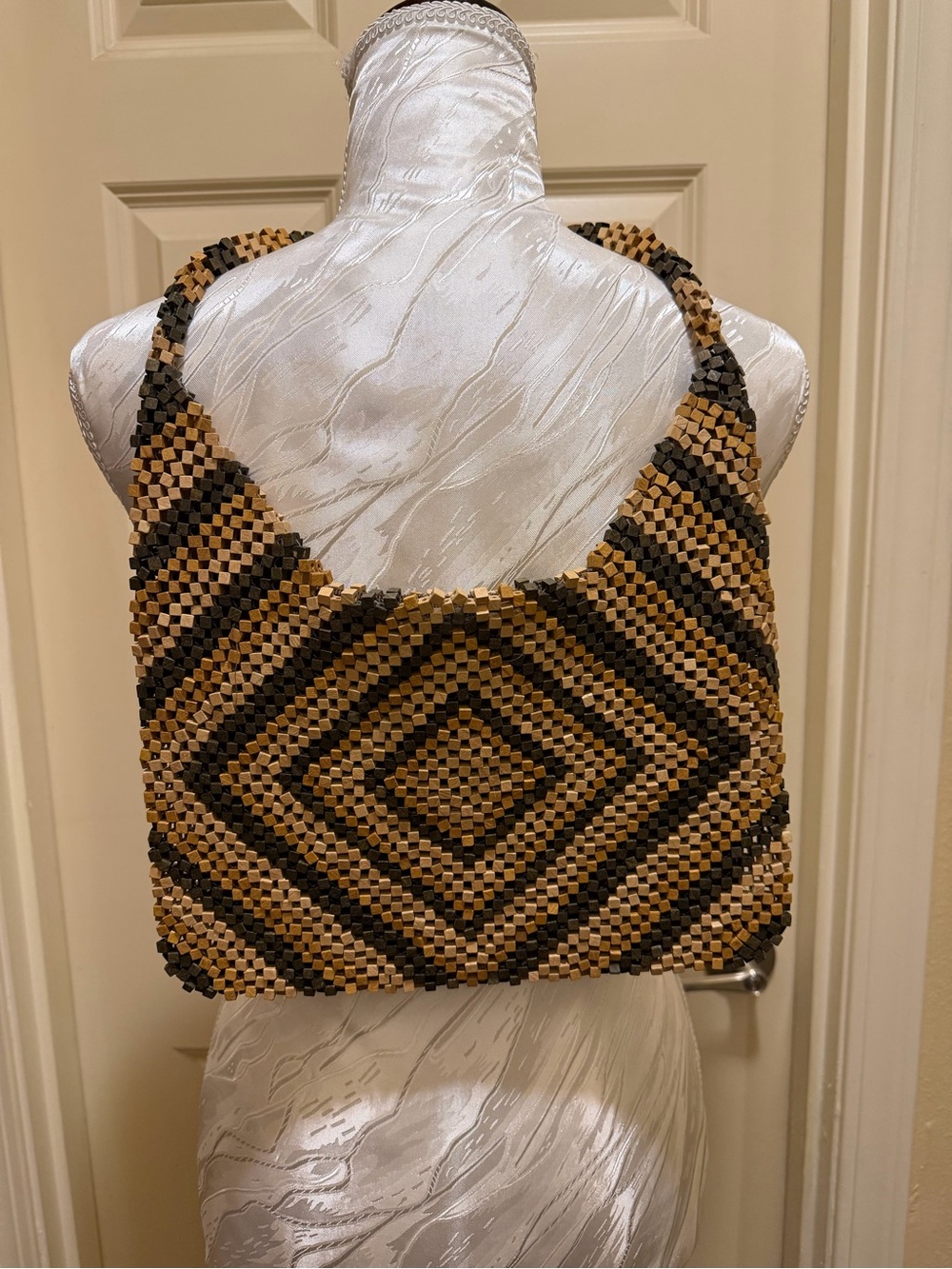 Handcrafted Wood Beaded Shoulder Bag in Dark Brown and Tan